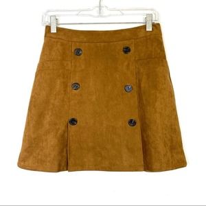 VINTAGE Y2K Academia Mini Skirt Faux Suede Button Front Camel Brown Small Micro